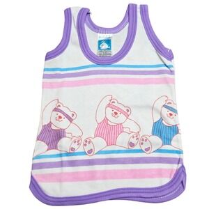 Vintage 70s Woolworth Baby Tank Top 12 Month White Purple Stripe Exercise‎ Bears